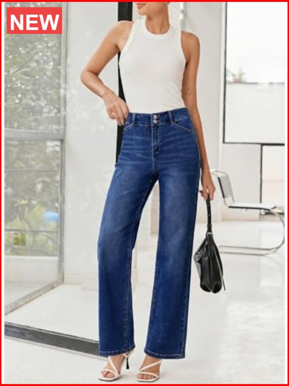 High Waisted Wide Leg Jeans Tummy Control Straight Leg Stretchy Denim Pants - Picture 6 of 7